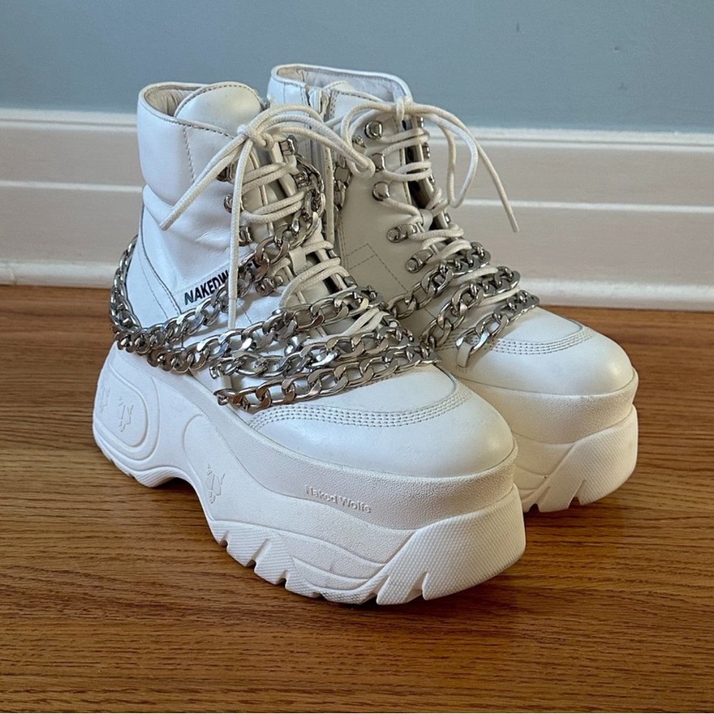 Naked Wolfe Spike Platform Boots White Leather with Chains SZ 38